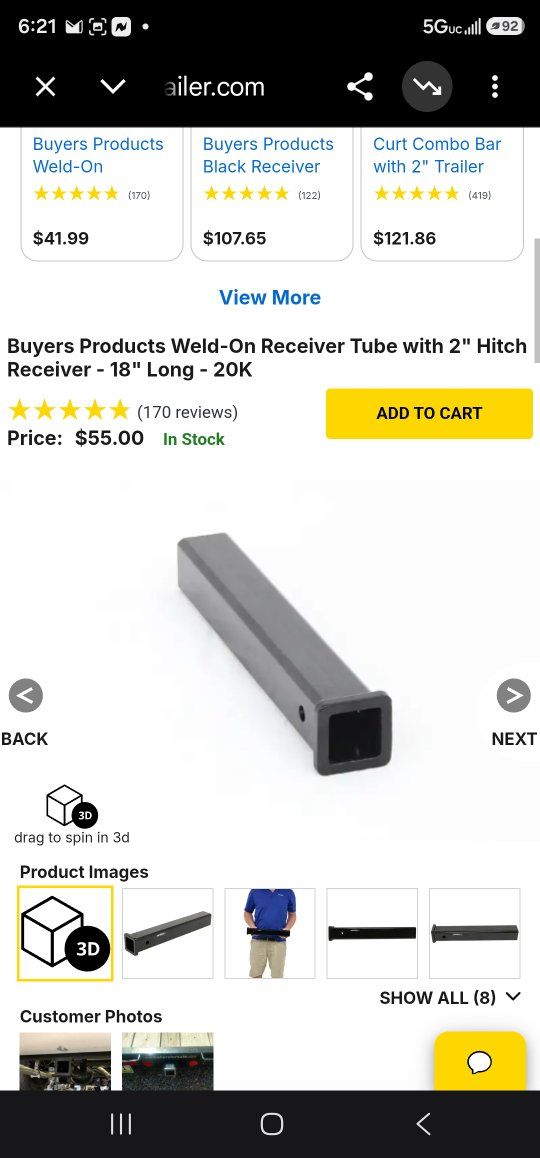 Buyers Products Weld-On Receiver Tube with 2" Hitch Receiver - 18" Long - 20K