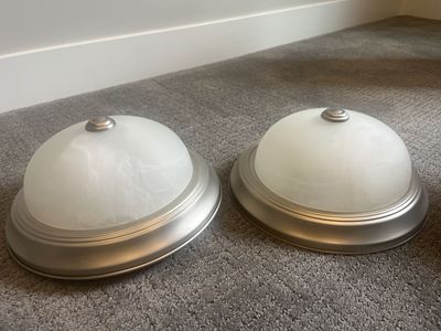 Free - Flush Mount Ceiling Light Fixtures (2) with White Alabaster Glass Shades, Brushed Nickel Trim