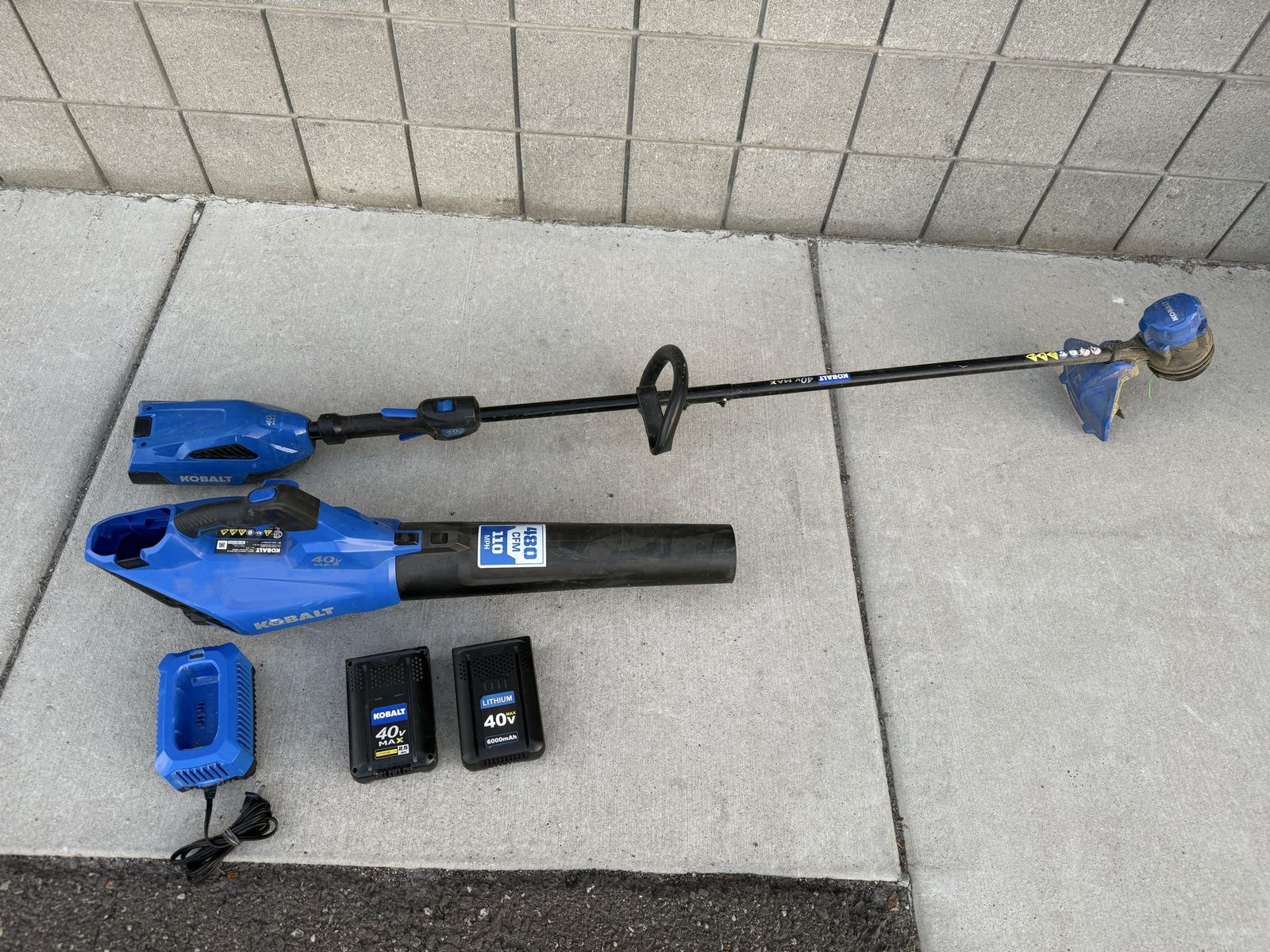 KOBALT 40V Blower & Trimmer With Charger, 1 OEM Battery, and 1 Aftermarket Battery