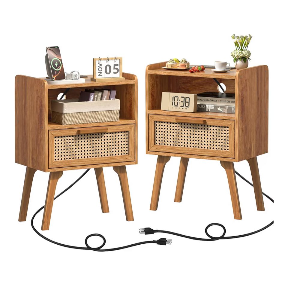 Set Of 2 New Rattan Nightstands USB Power