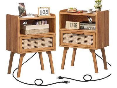 Set Of 2 New Rattan Nightstands USB Power