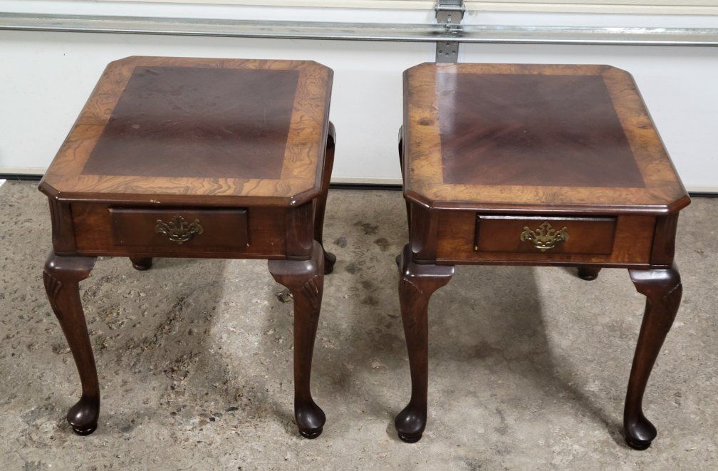 Vintage Wood End Tables (Pair) with Single Drawer & Carved Legs