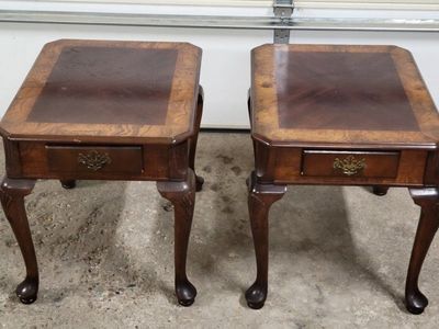 Vintage Wood End Tables (Pair) with Single Drawer & Carved Legs