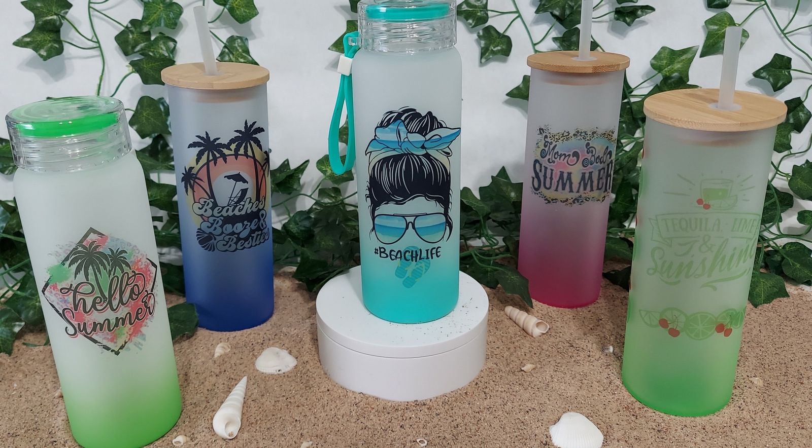 Fun Summer Vibes Frosted Glass Tumblers & Water Bottles - Beach Themed Drinks