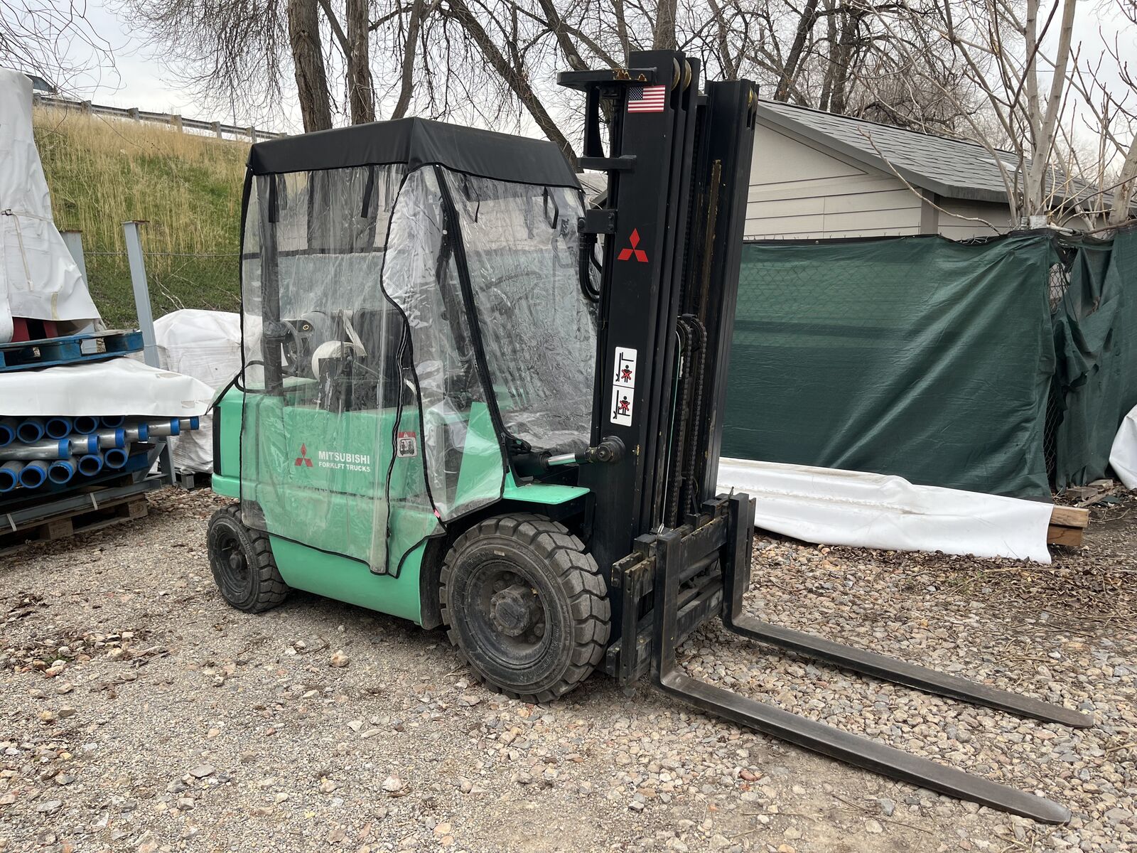 Mitsubishi FG20 Forklift - 4,000 lb. Capacity - 3 Stage Lift - Side Shift - Pneumatic Outdoor Tires - Good Used Condition