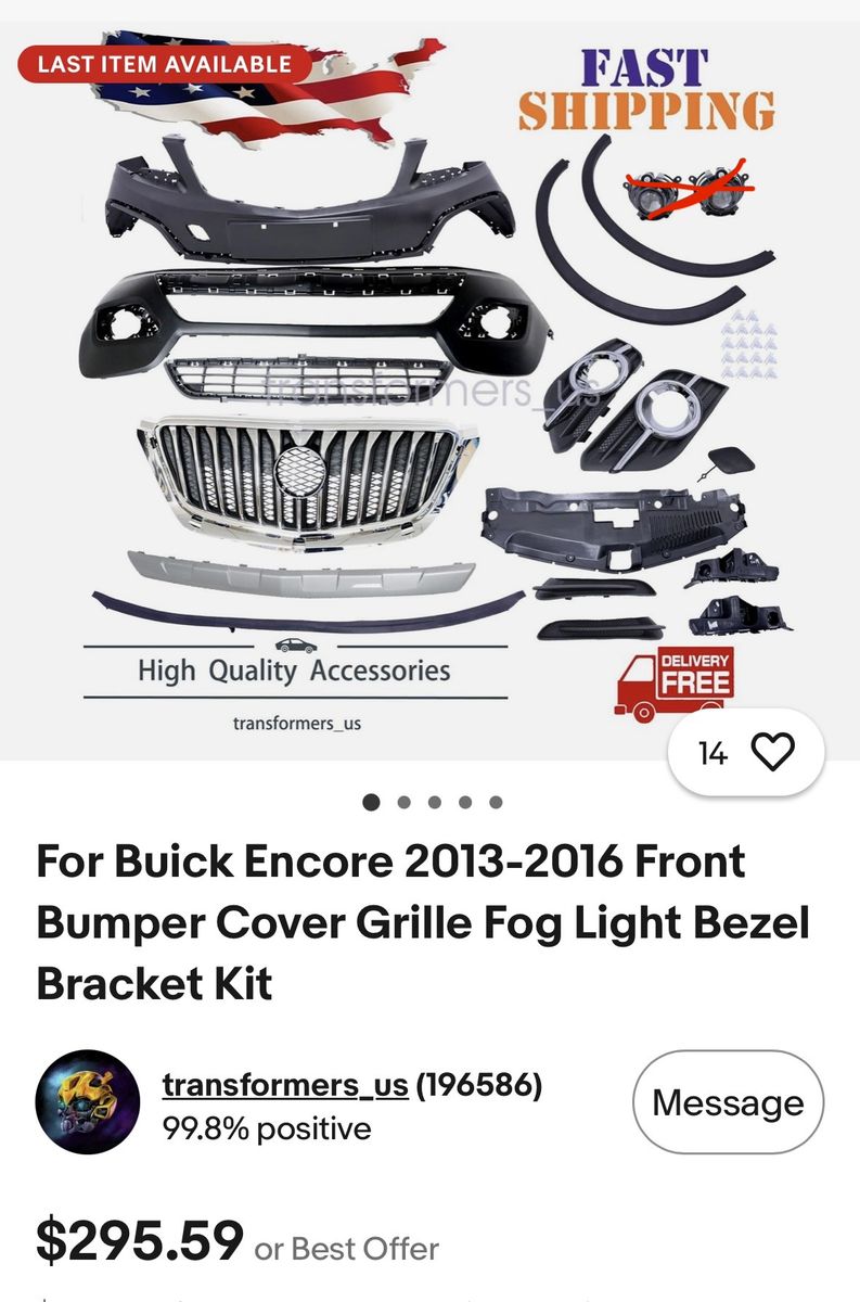 New Buick Encore 2013-2016 Front Bumper Cover Grille Fog Light Bezel Bracket Kit