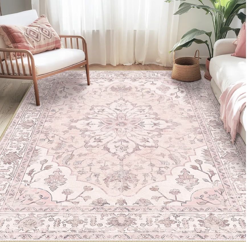 5x7 Pink Vintage Floral Washable Area Rug