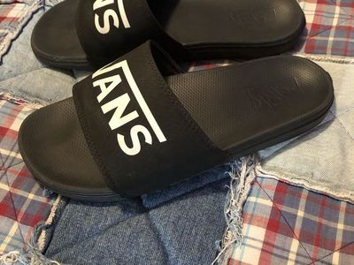 Vans Black and White Logo Slide Sandals