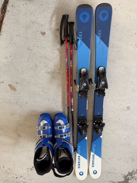 Complete Kids’ Ski Set – Defiance 130cm Skis +  Adjustable Boots + Poles