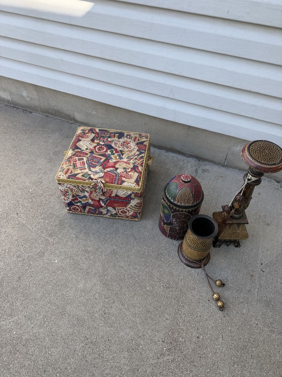 Assorted Home Decor Bundle - Fabric Sewing Box, Wooden Candle Holder, and Containers