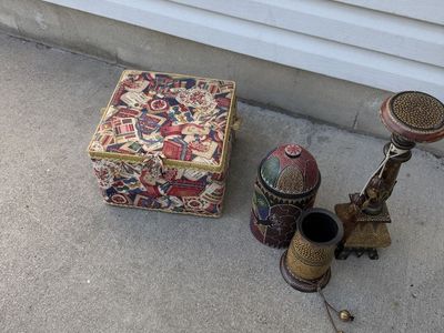 Assorted Home Decor Bundle - Fabric Sewing Box, Wooden Candle Holder, and Containers