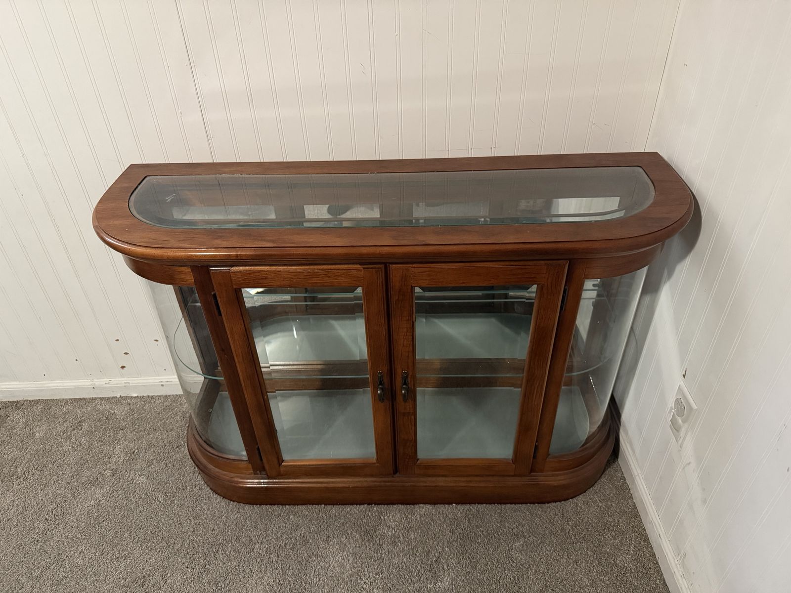 Curved Glass Display Cabinet - Wood Frame Showcase with Double Doors