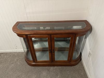 Curved Glass Display Cabinet - Wood Frame Showcase with Double Doors