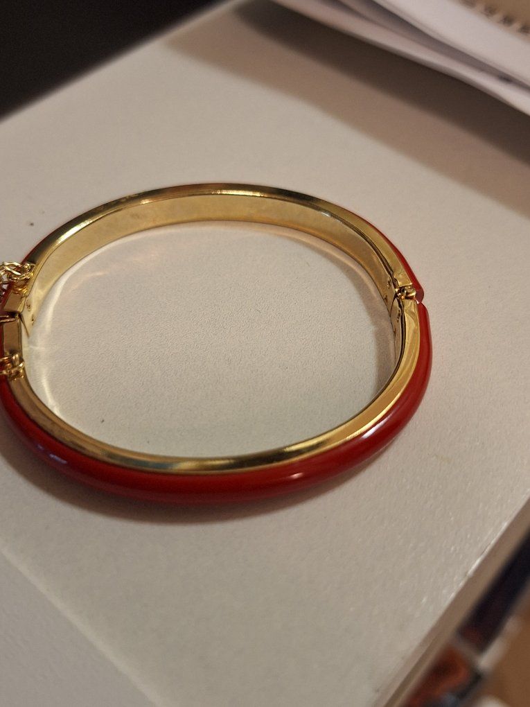 Gold-tone Red Enamel Hinge Bangle Bracelet Fashion Jewelry