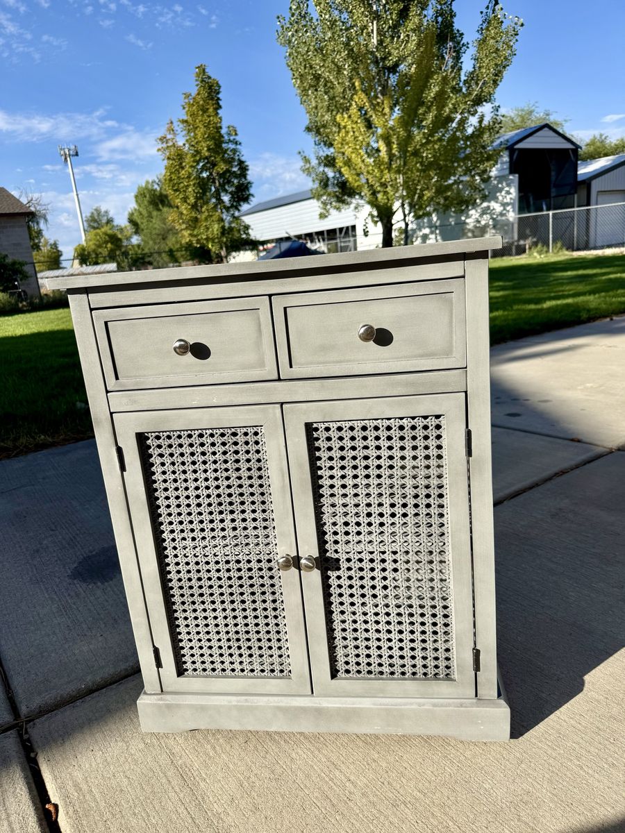 Gray Wooden Cabinet with Two Drawers and Rattan Mesh Doors