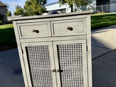Gray Wooden Cabinet with Two Drawers and Rattan Mesh Doors