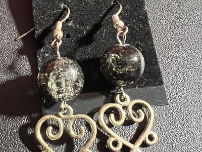Fashion Jewelry Silver-Tone Heart Drop Earrings with Cracked Glass Beads