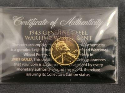 Collectible Coin Lot: 1943 Steel Cents & 24KT Gold Plated Collector Coins with COAs