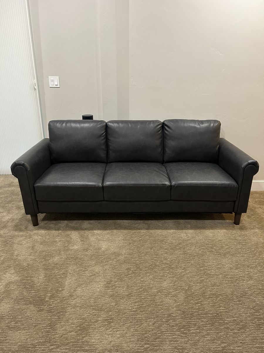 Modern Gray Faux Leather 3-Seater Sofa & Sectional couch with Chaise, Good Condition