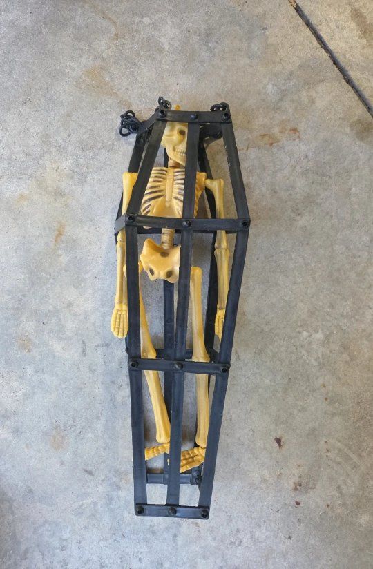 Spooky Hanging Skeleton in Coffin Cage Halloween Decoration Prop - 16.5" Tall