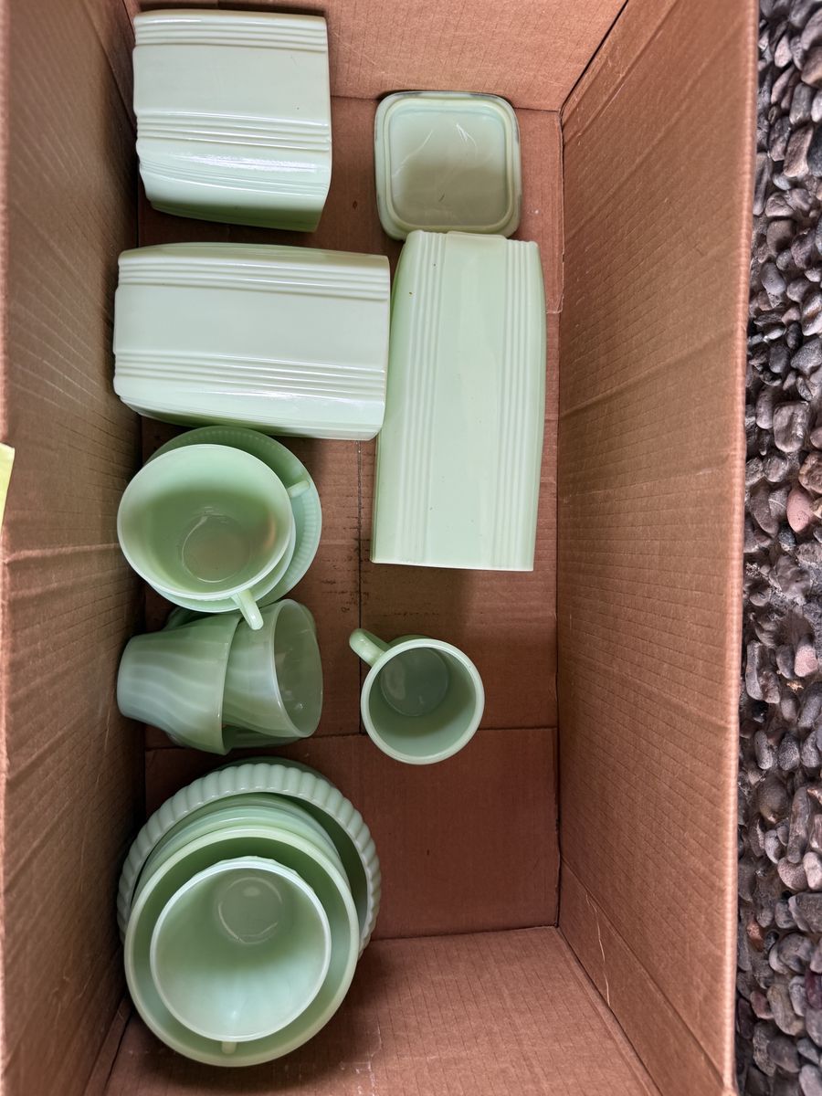 Vintage Jeannette Glass Jadeite Ribbed Kitchenware Set - Cups, Saucers, Creamer & Sugar