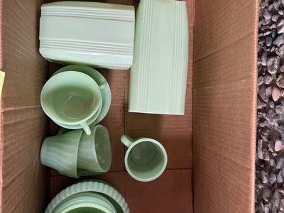 Vintage Jeannette Glass Jadeite Ribbed Kitchenware Set - Cups, Saucers, Creamer & Sugar