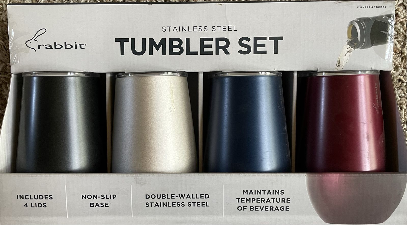 Rabbit Stainless Steel Tumbler Set - 4 Double-Walled Tumblers with Lids, Non-Slip Base