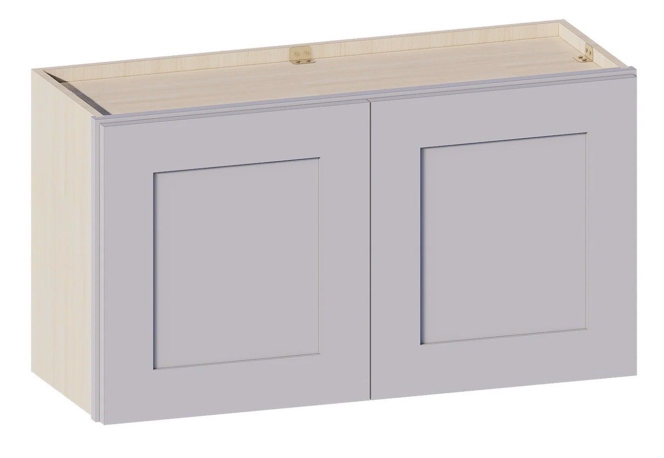 New. Unfinished Shaker Wall Cabinet - 33" W x 18-1/8" H x 12" D, Light Gray Doors