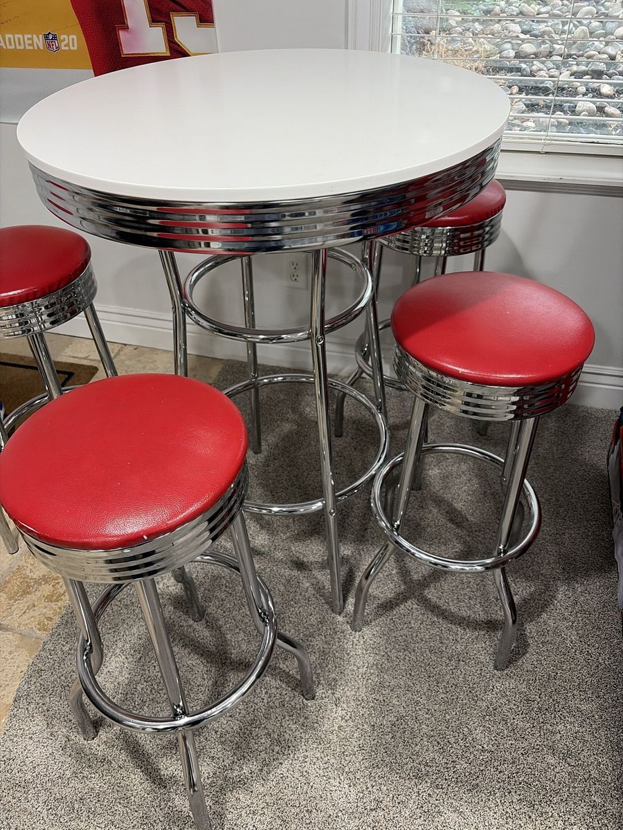 Retro Diner Style Pub Table with 4 Red Vinyl Bar Stools