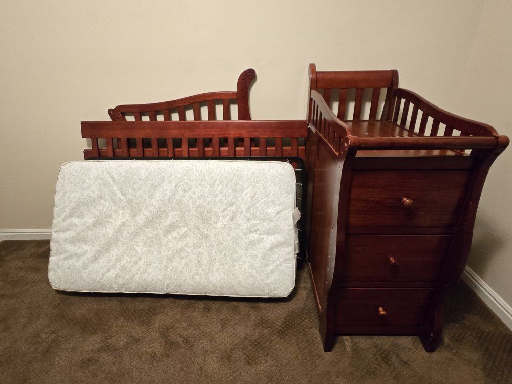 Cherry Wooden Baby Crib and Changing Table Combo Set with Mattress