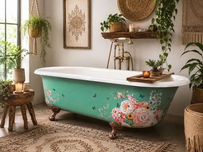 Refinished Vintage Clawfoot Bathtub - Sage Green with pink Floral Decal & Bronze Feet