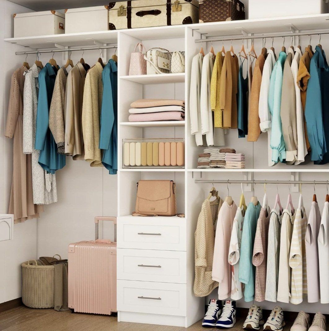 Customizable Closet Organizer System - White Wood with Adjustable Shelves & Hanging Rods