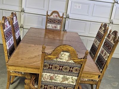 Vintage Solid Wood Dining Table with 6 Upholstered Chairs - Traditional Style, Extendable