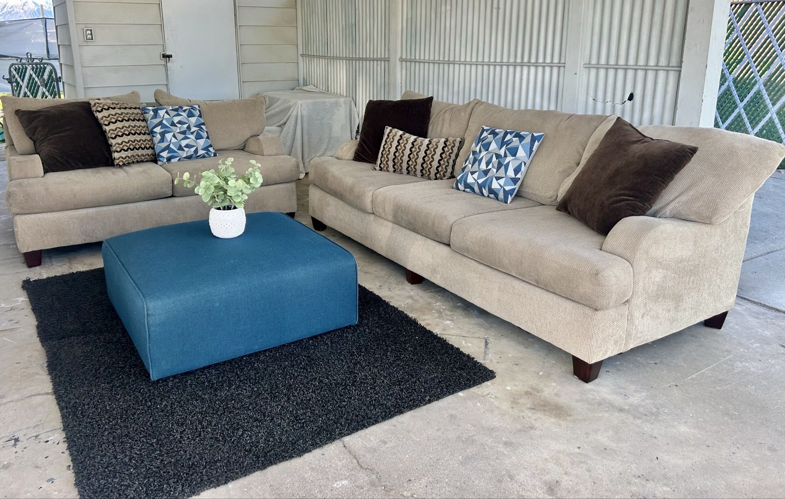 Couches, ottoman, pillows