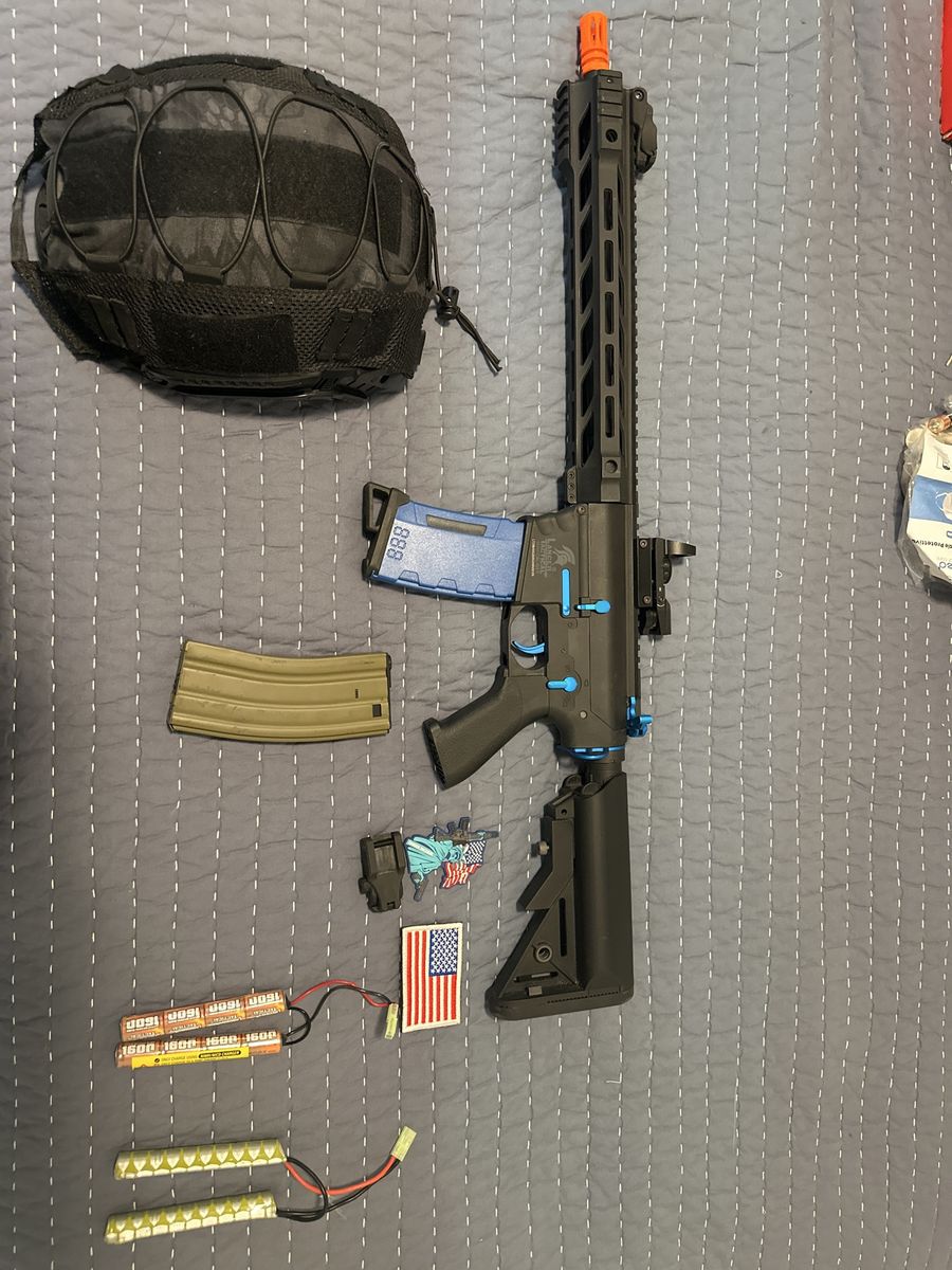 Airsoft AEG M4 Rifle with Accessories - Extra Magazines, Batteries, and Helmet Cover