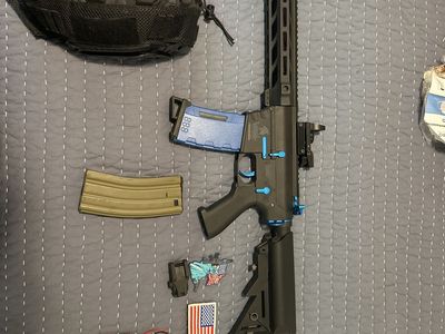 Airsoft AEG M4 Rifle with Accessories - Extra Magazines, Batteries, and Helmet Cover
