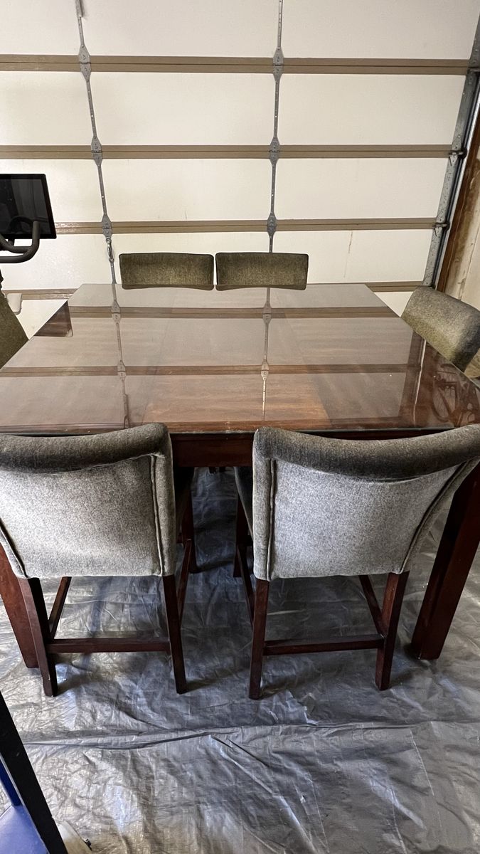 Bar Height Dining Table with Glass Top & 6 Upholstered Chairs