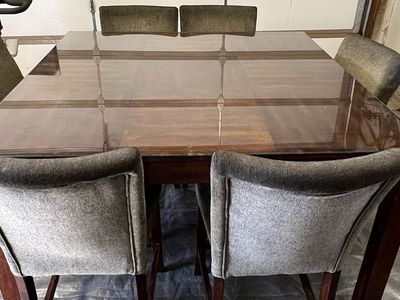 Bar Height Dining Table with Glass Top & 6 Upholstered Chairs