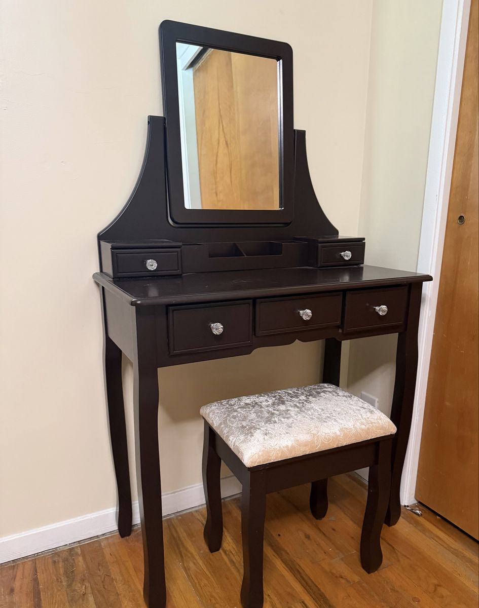 Dark Brown Vanity with Mirror and Matching Stool