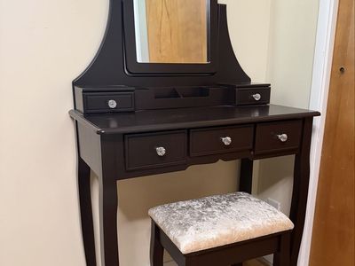 Dark Brown Vanity with Mirror and Matching Stool