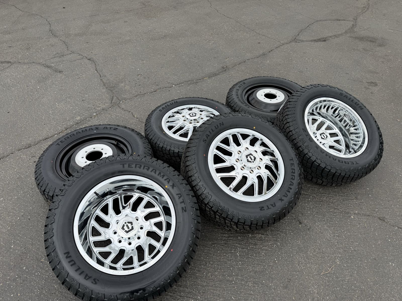 20” Chrome TIS Dually 8 Lug 8x6.5 | 8x165.1 34” Sailun A/T 275/65R20 Dodge Ram Chevy GMC pre 97 Ford