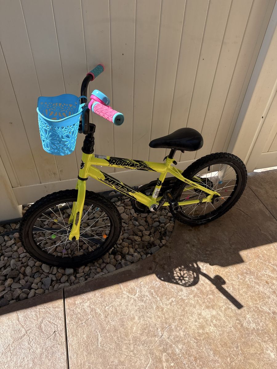 Huffy Rock It Kids' Bike, Neon Yellow, 18-inch Wheels, with Basket