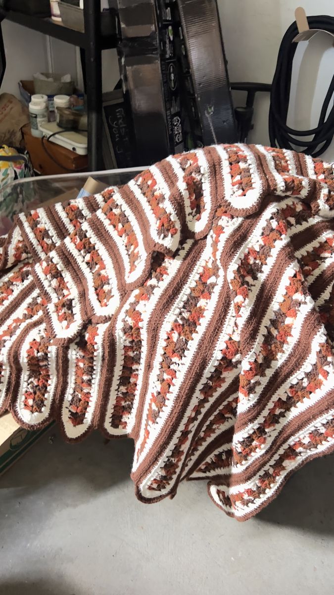 Vintage Hand-Crocheted Brown, Orange, White Striped Afghan Blanket Throw
