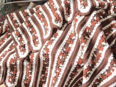 Vintage Hand-Crocheted Brown, Orange, White Striped Afghan Blanket Throw