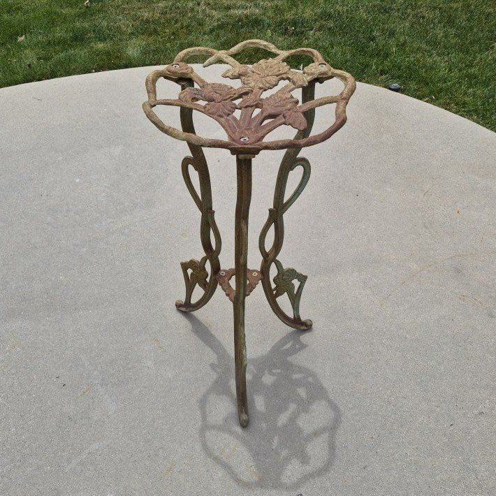 Vintage Cast Iron Plant Stand, Antique Green Patina, Ornate Floral Design