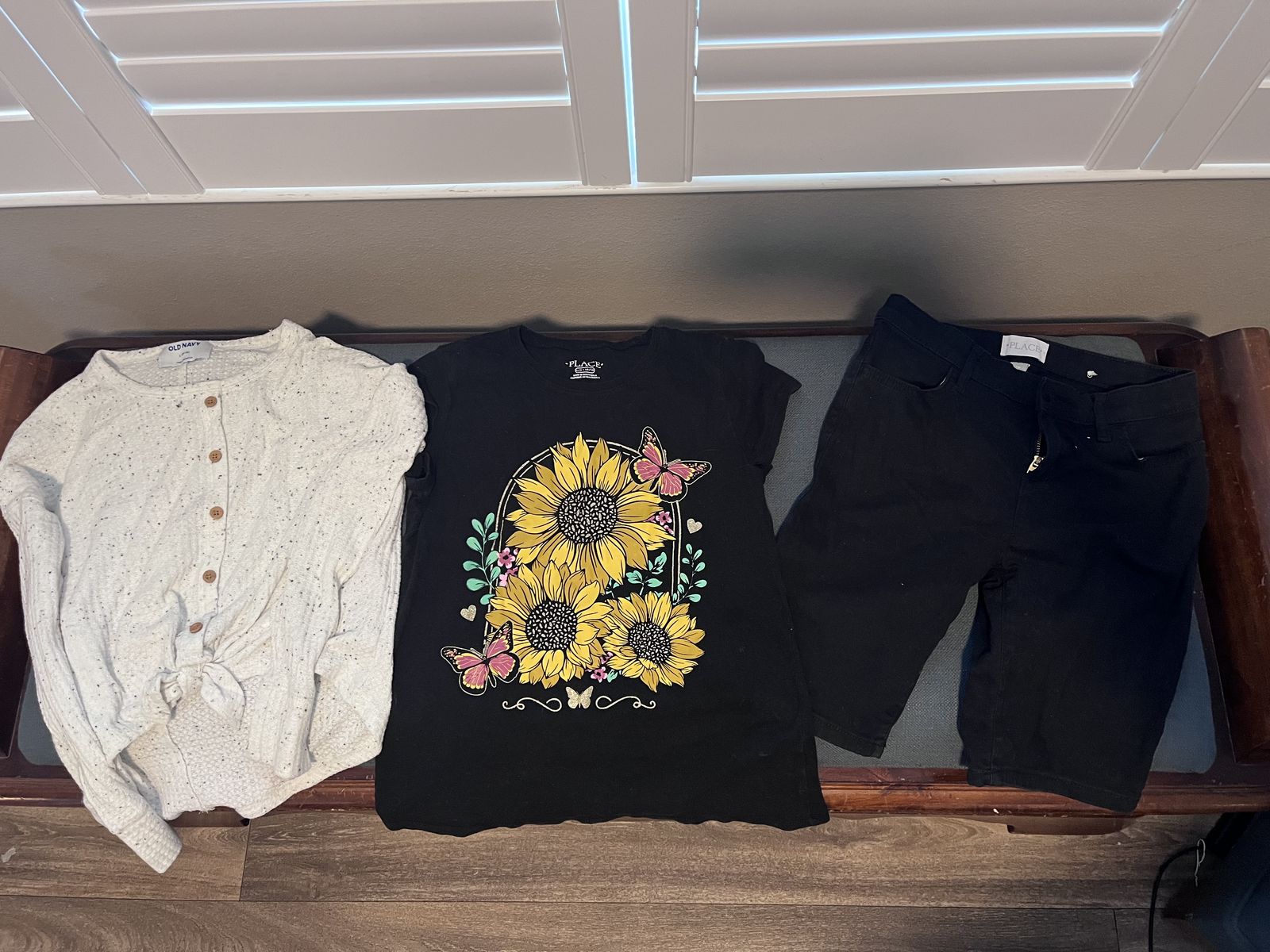 Girls size 10-12 (Large) The Children's Place Black t-shirt and Denim Shorts + Old Navy Long-Sleeve shirt.