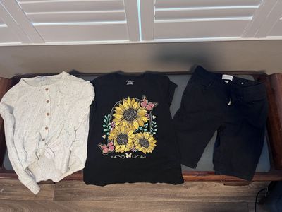 Girls size 10-12 (Large) The Children's Place Black t-shirt and Denim Shorts + Old Navy Long-Sleeve shirt.