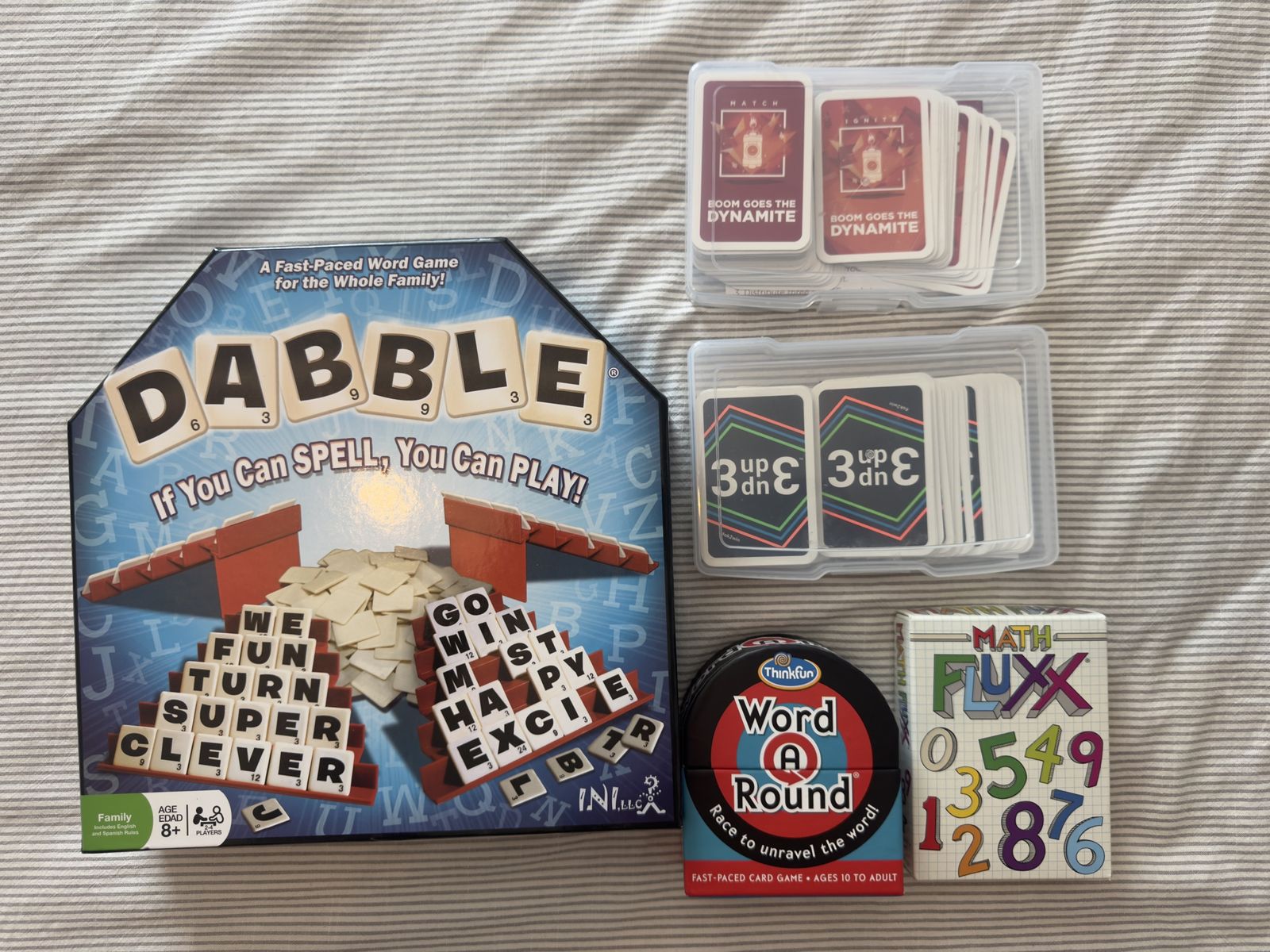 Dabble, Word A Round, Math Fluxx, Boom Goes the Dynamite, 3 Up 3 Down - Sumology Board Game