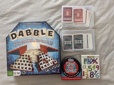 Dabble, Word A Round, Math Fluxx, Boom Goes the Dynamite, 3 Up 3 Down - Sumology Board Game