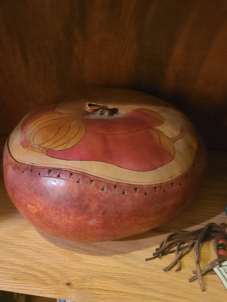 Handcrafted Painted Gourd Basket with Lid